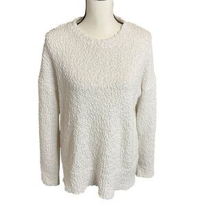 Grecerelle Textured Pullover‎ Knit Sweater Drop Shoulder White Hi Lo Split Hem